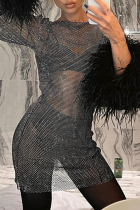 Negro sexy patchwork sólido transparente plumas o cuello lápiz falda vestidos