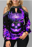 Púrpura Moda de Halloween Estampado casual Ahuecado hacia fuera Patchwork O Cuello Tops