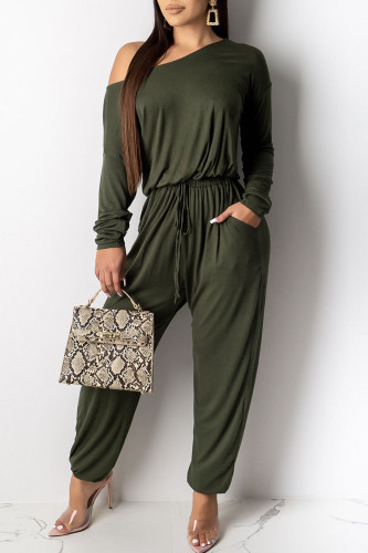 Green Casual Solid Patchwork Frenulum Oblique Collar Straight Jumpsuits