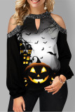 Paarse Halloween-mode casual print uitgeholde patchwork O-hals tops