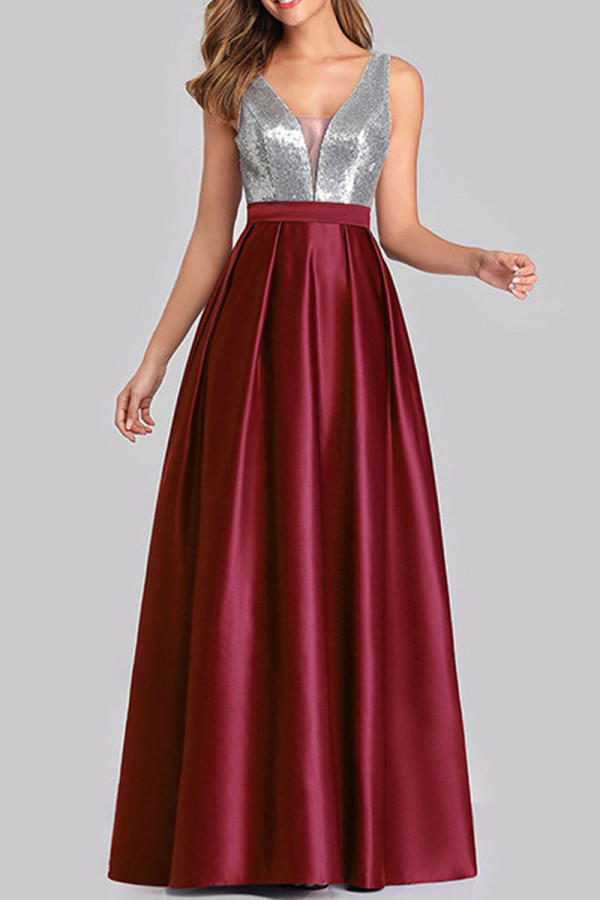 Borgoña sexy elegante sólido patchwork cuello en V vestido de noche Vestidos