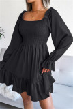 Zwarte mode casual effen patchwork vierkante kraag jurken met lange mouwen