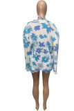 Blue Sexy Print Patchwork Turndown Collar Long Sleeve Two Pieces