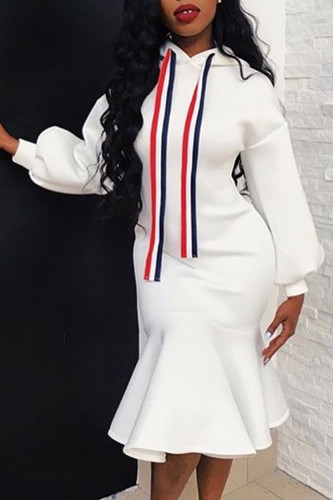 White Sweet Hooded Collar Knee Length Dress