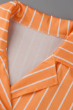 Kaki Mode Casual Randigt tryck Patchwork Cardigan Turndown-krage Plus Size två delar (utan T-shirt)