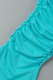 Tibetan Blue Fashion Casual Solid Fold Regular High Waist Trousers