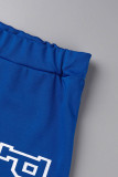 Синий модный повседневный принт с буквенным принтом, базовый, с круглым вырезом, с коротким рукавом, из двух частей