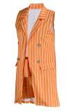 Cárdigan de retazos con estampado de rayas informal de moda caqui cuello vuelto de talla grande dos piezas (sin camiseta)