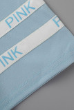 Rosa moda casual estampa carta básica manga curta duas peças decote oco