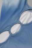 Blaue Mode Sexy Print Ausgehöhlte Rückenfreie Spaghettiträger Ärmellose Kleider