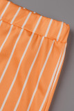 Orange Mode Casual Rayé Imprimé Patchwork Cardigan Col Rabattu Plus La Taille Deux Pièces (Sans T-shirt)
