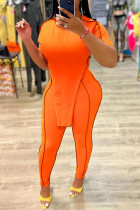 Оранжевый модный повседневный однотонный пэчворк асимметричный с круглым вырезом с коротким рукавом из двух частей