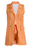 オレンジファッションカジュアルストライププリントパッチワークカーディガンターンダウンカラープラスサイズツーピース（Tシャツなし）