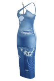 Blaue Mode Sexy Print Ausgehöhlte Rückenfreie Spaghettiträger Ärmellose Kleider