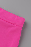 Rosa moda casual estampa carta básica manga curta duas peças decote oco