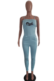 Blå Mode Print Patchwork Spaghetti Strap Skinny Jumpsuits