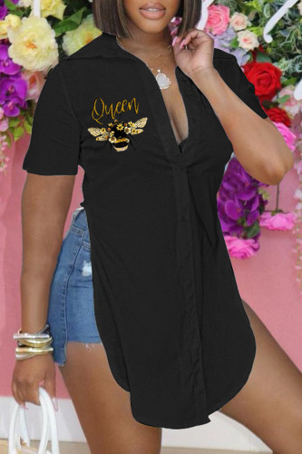 Black Fashion Casual Print Patchwork Slit Shirt Collar Tops