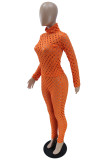オレンジ ファッション カジュアル ソリッド リッピング 中空アウト タートルネック 長袖 ツーピース