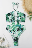 Grönt mode sexigt tryckbandage urholkade rygglösa badkläder (med vadderingar)