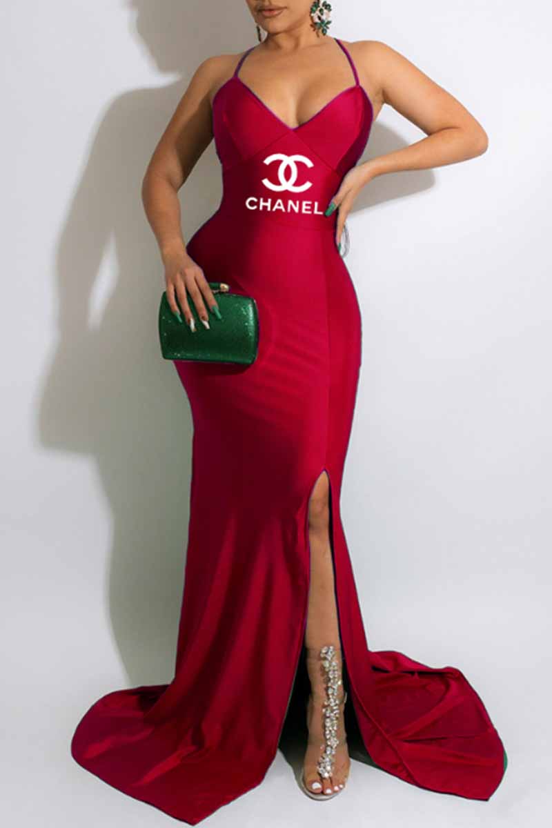 

Burgundy Fashion Sexy Letter Print Backless Slit Spaghetti Strap Wrapped Skirt Dresses