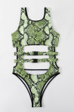 Groene mode sexy print uitgeholde patchwork zwemkleding (met vulling)