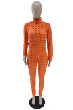 Orange Fashion Casual Solid Ripped Hollowed Out Turtleneck Long Sleeve Two Pieces