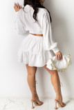 White Fashion Casual Solid Bandage V Neck Long Sleeve Two Pieces