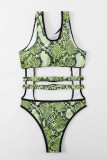 Groene mode sexy print uitgeholde patchwork zwemkleding (met vulling)