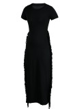 Черные повседневные однотонные платья с кисточками в стиле пэчворк и круглым вырезом