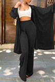 Cardigan solido casual moda nero pantaloni manica lunga due pezzi