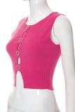 Rose Red Sexy Solid Buckle O Neck Tops