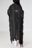 Black Fashion Casual Solid Tassel Patchwork Cardigan Outerwear