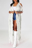 White Fashion Casual Solid Tassel Patchwork Cardigan Outerwear