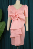 Розовые элегантные однотонные лоскутные вечерние платья с воланами и V-образным вырезом