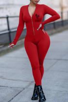Combinaisons skinny à col zippé imprimé sexy rouge