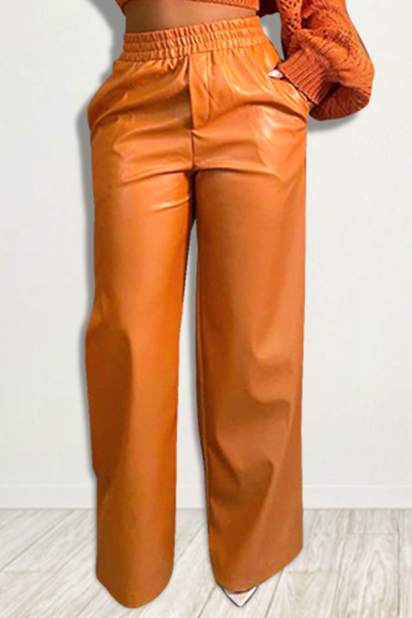 Рыжий Повседневный однотонный пэчворк Прямые однотонные брюки со средней талией и широкими штанинами