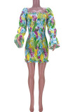 Grass Green Fashion Sweet Print Patchwork Col Carré Robes Jupe Crayon