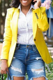 Желтый модный повседневный однотонный лоскутный кардиган с отложным воротником, верхняя одежда