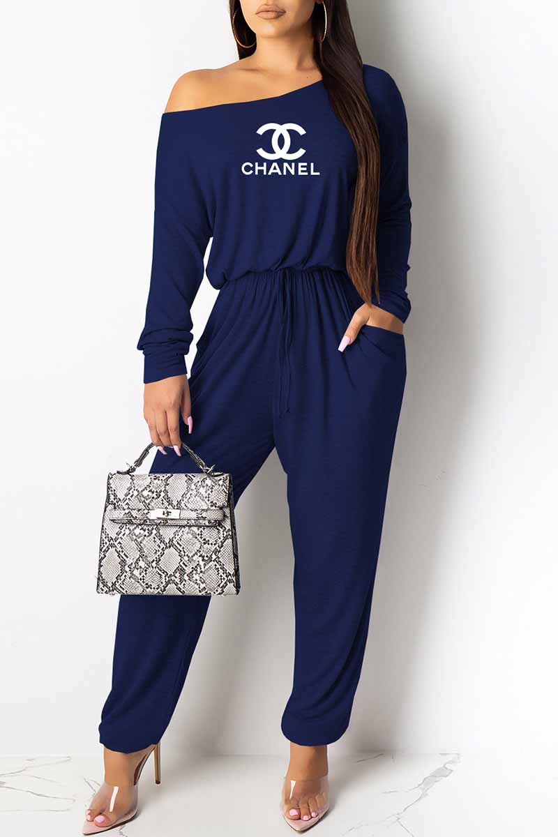 

Blue Fashion Casual Print Letter Oblique Collar Jumpsuits