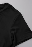 ブラック カジュアル ソリッド タッセル パッチワーク Oネック ワンステップ スカート ドレス