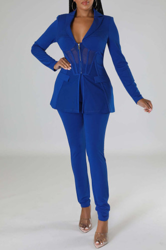 Blue Sexy Solid Patchwork Zipper Turn-back Collar Long Sleeve Two Pieces