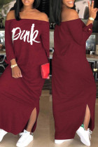 Burgundy Fashion Casual Letter Print Backless Slit Off the Shoulder Long Dress Dresses