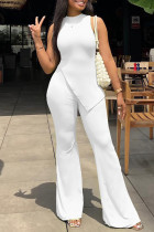 White Fashion Casual Solid Slit O Neck Sleeveless Two Pieces