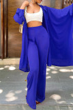 Bleu Mode Casual Solide Cardigan Pantalon Manches Longues Deux Pièces