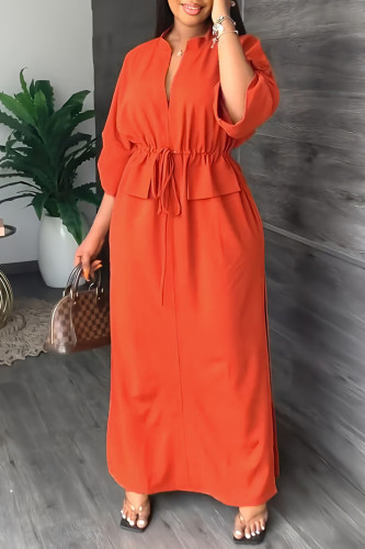 Tangerine Red Casual Solid Patchwork V Neck Straight Dresses