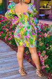 グラス グリーン ファッション スイート プリント パッチワーク スクエア カラー ペンシル スカート ドレス
