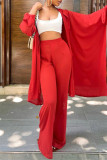 Pantalon cardigan solide décontracté à la mode rouge à manches longues deux pièces