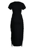 Черные повседневные однотонные платья с кисточками в стиле пэчворк и круглым вырезом