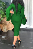 Vestidos de manga larga con cuello en O y hendidura de patchwork sólido casual de moda verde