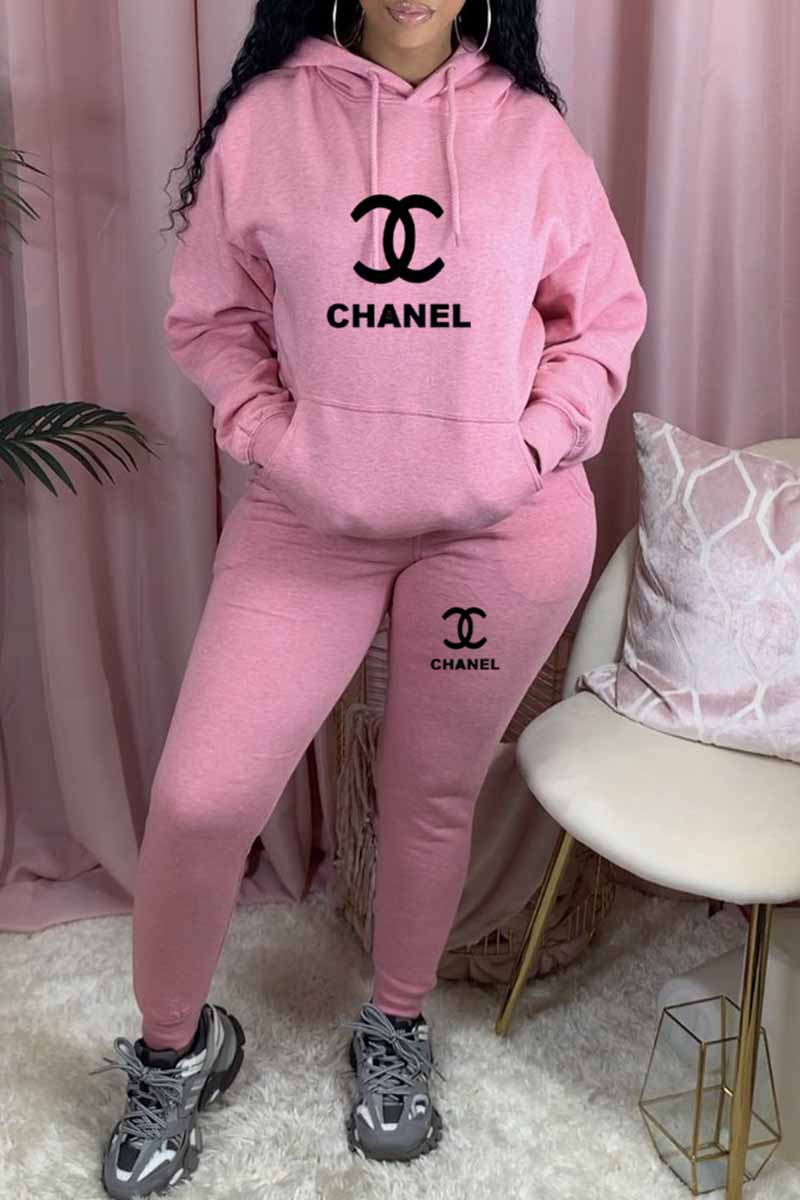 

Pink Fashion Street Print Letter Hooded Collar Long Sleeve Two Pieces